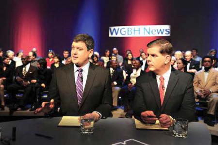 Second mayoral debate: City Councillor John Connolly, left, and State Rep. Marty Walsh are shown on the set of a televised debate held at WGBH studios in Allston on Tuesday evening. Photo by Meredith Nierman/WGBH News